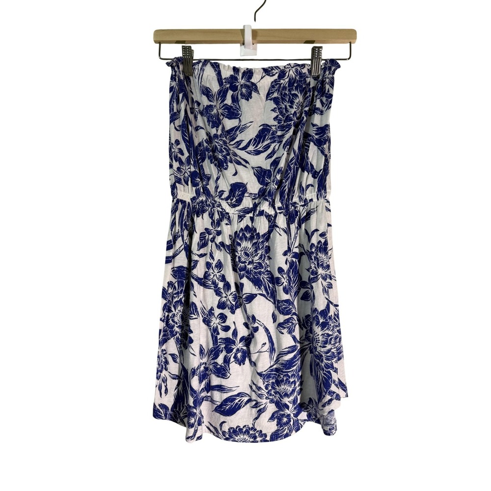 Billabong Dress Womens M White Blue Floral Maxi Sundress Strapless Smocked Rayon